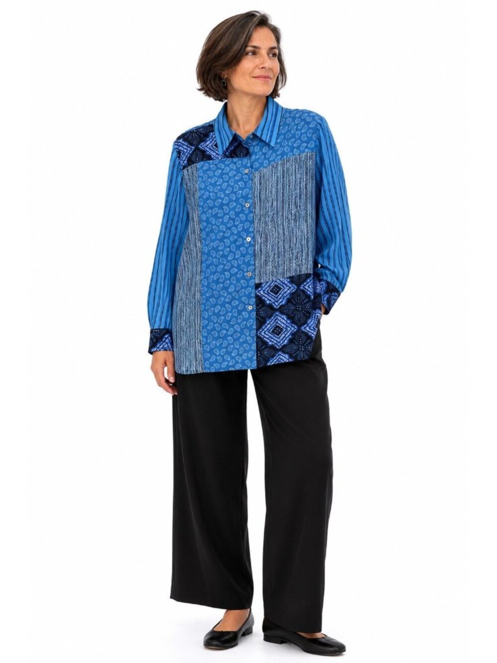 KOOS Of Course Vintage Top Womens Size 1X blue Striped Solid Paisley Button Up